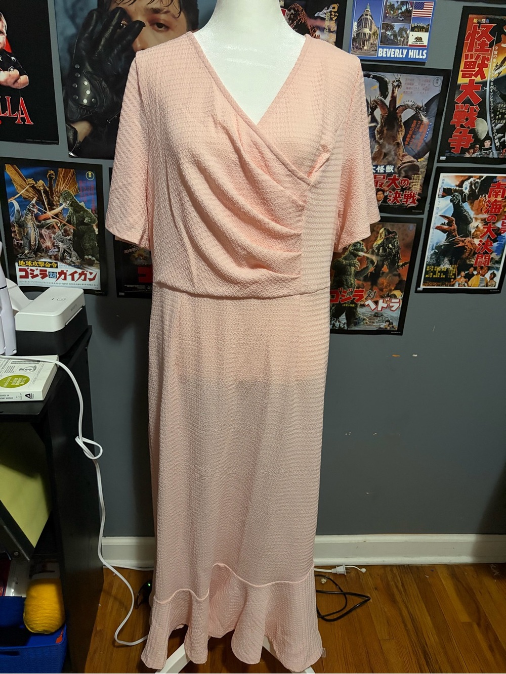 Women's Peach Draped Midi Dress with Flounce Hem